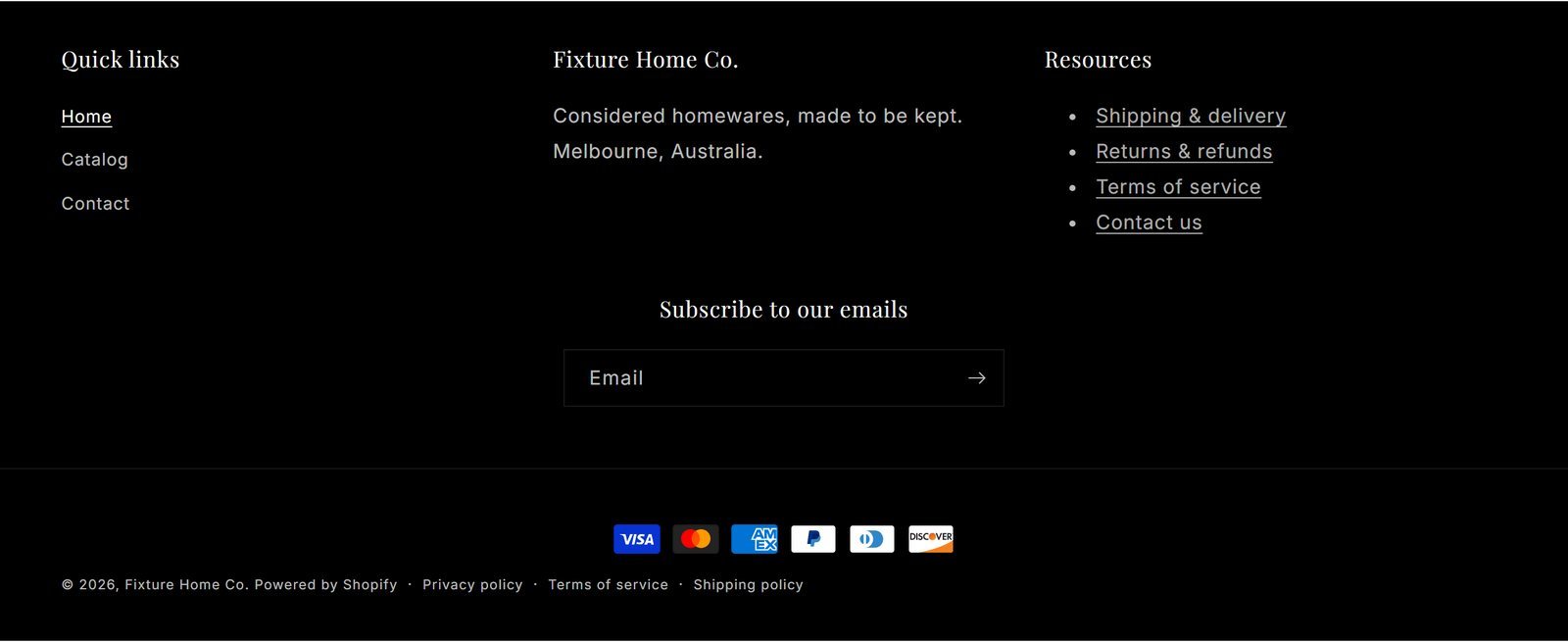 Footer signup form headed simply Subscribe to our emails, offering nothing in return