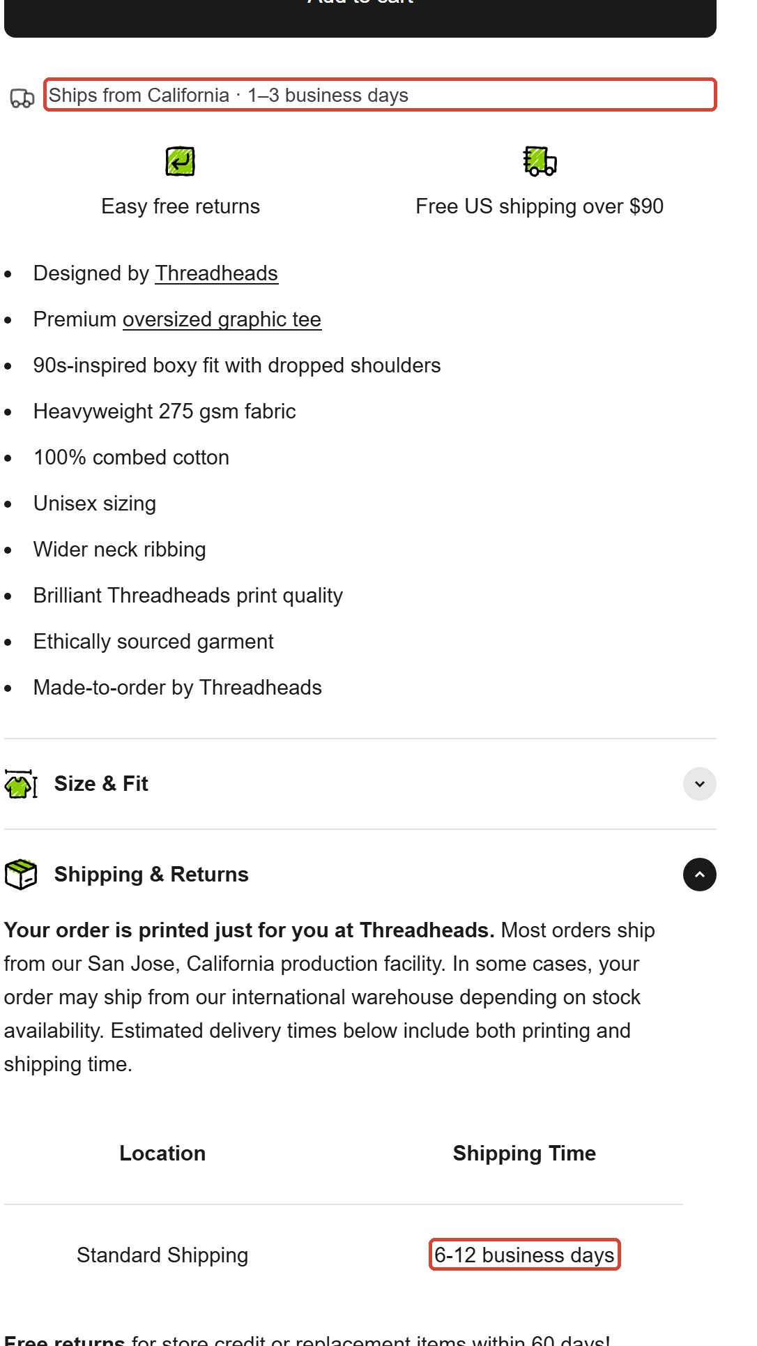 Threadheads product page: a line under Add to cart reads Ships from California, 1 to 3 business days, while the shipping table further down the same page reads 6-12 business days. Both are outlined in red.